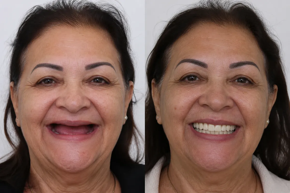 Paciente antes e depois da prótese protocolo de dentes fixos sobre implantes